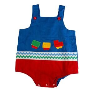 VTG Maggie Mackall Baby overall romper onesie.  Size 9mo. blue red block train
